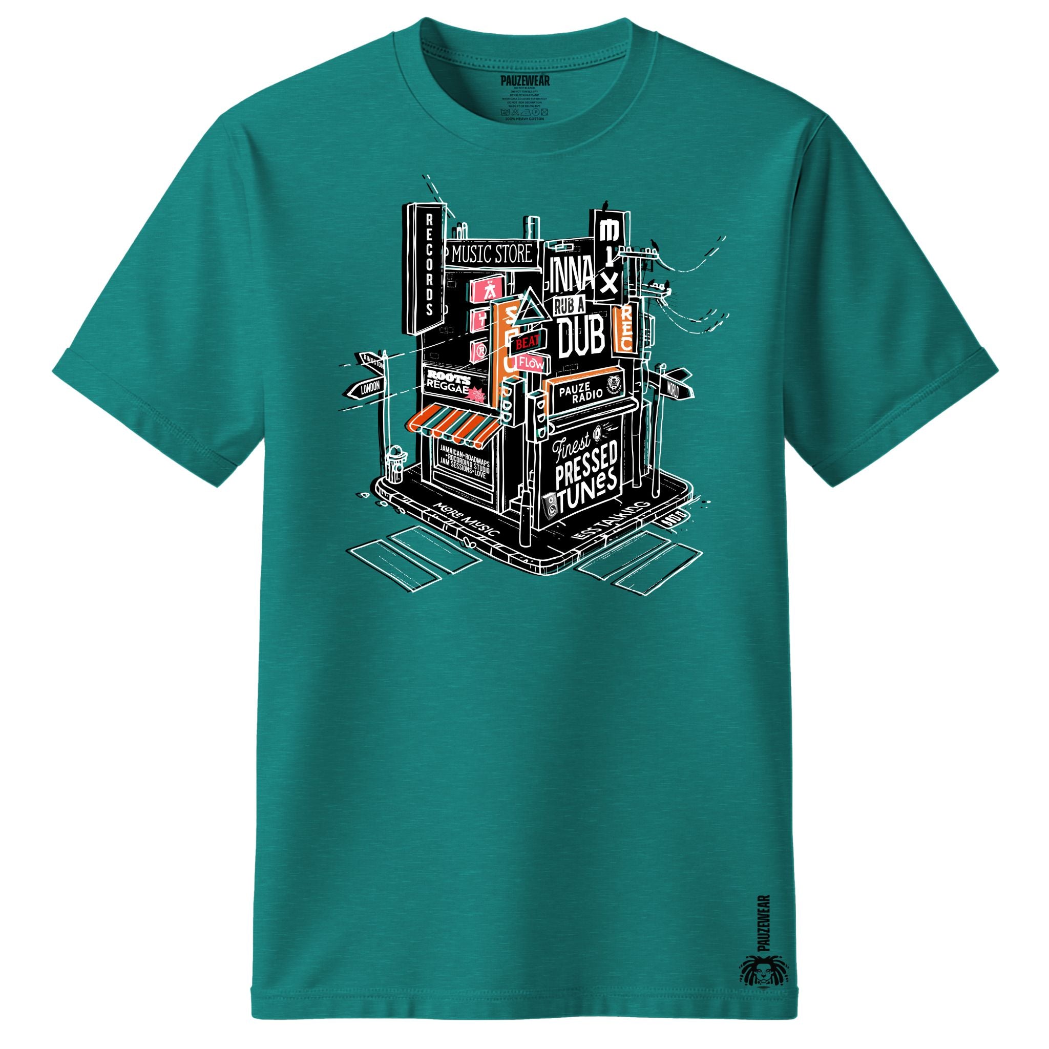 Teal t-shirt with a graphic design on a white background