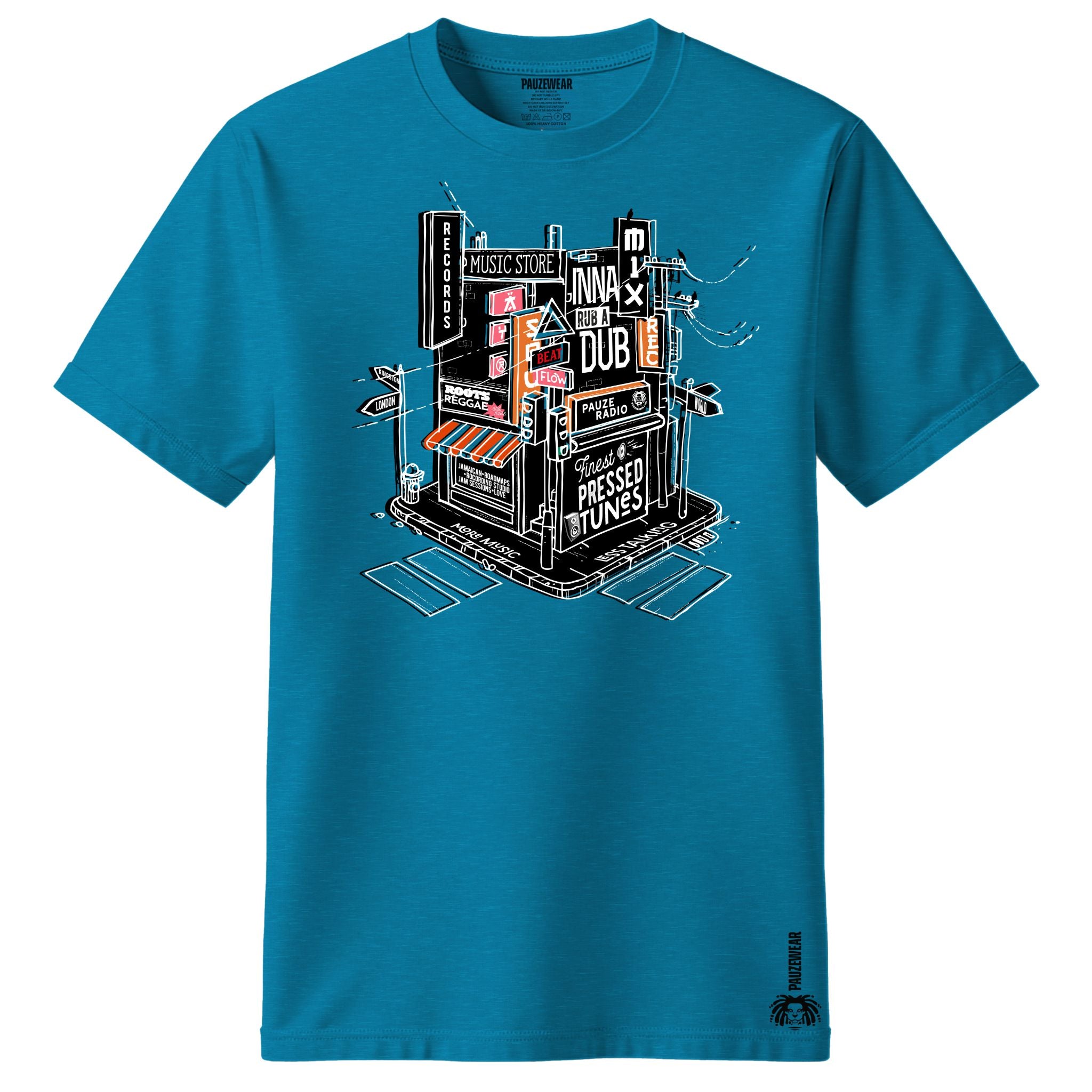 Blue t-shirt with a graphic design on a white background