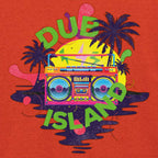 Colorful graphic with 'Dub Island' text and a boombox on an orange background