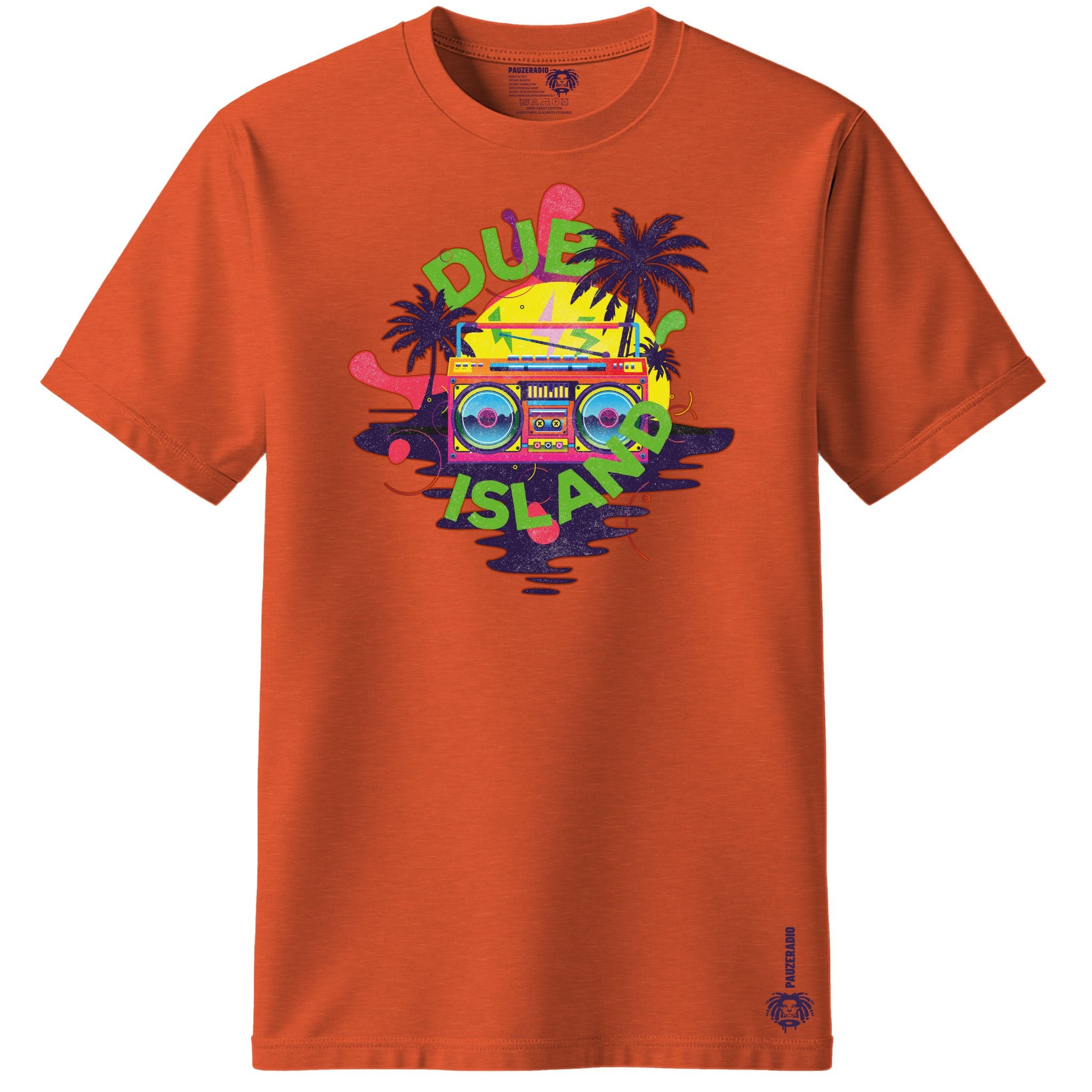 Orange t-shirt with a colorful graphic design and text saying dub island on a white background