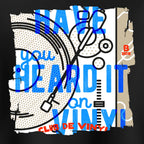 Design with 'Have you heard it on vinyl' and turntable on a black background