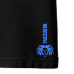 Black t-shirt hem with blue branding on a white background