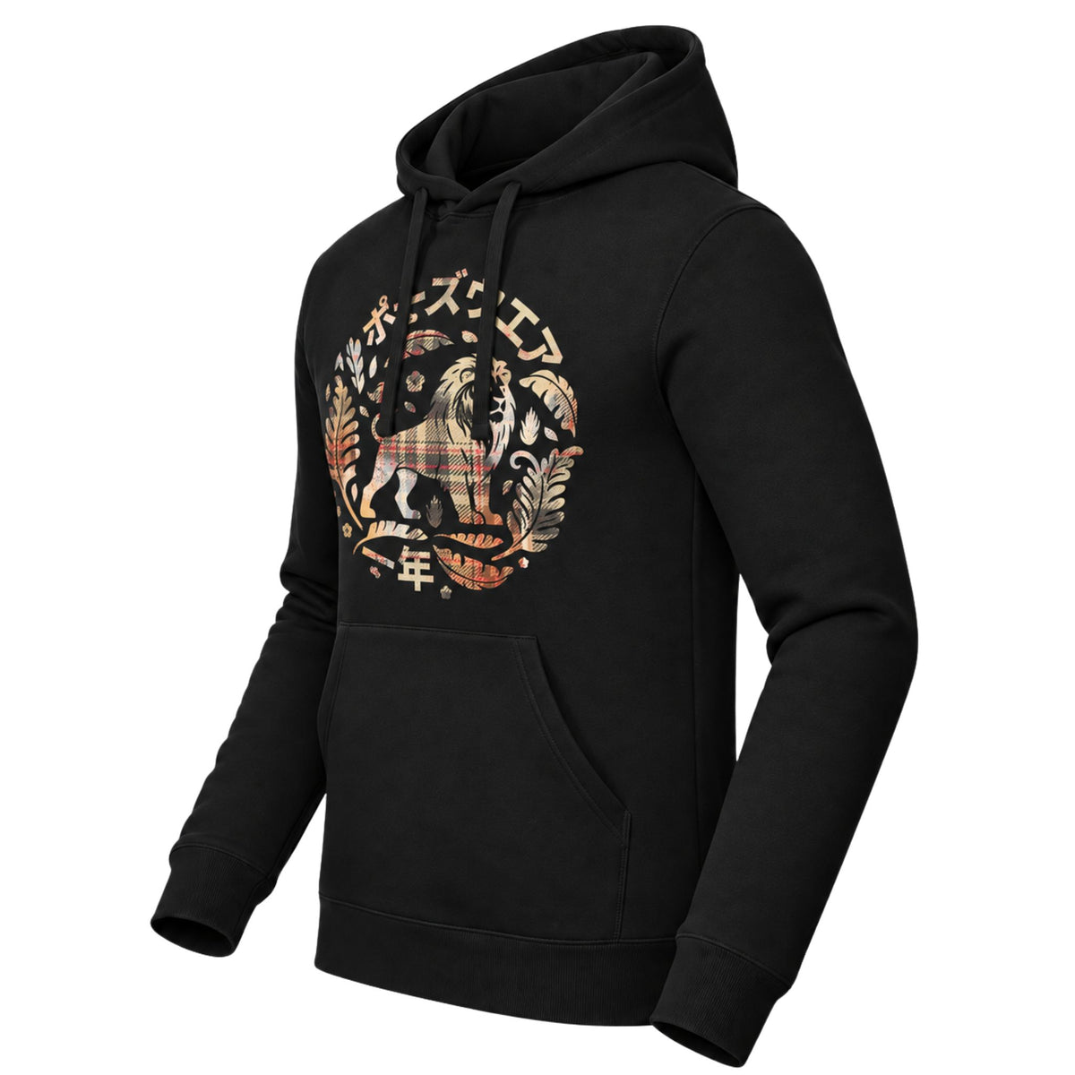 A black hoodie with a large graphic print on the chest featuring a lion, Japanese characters, and a plaid pattern, shown on a plain white background.