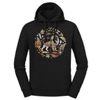 A black hoodie featuring a circular graphic on the chest with a plaid lion, decorative elements, and Chinese characters, shown against a plain white background.