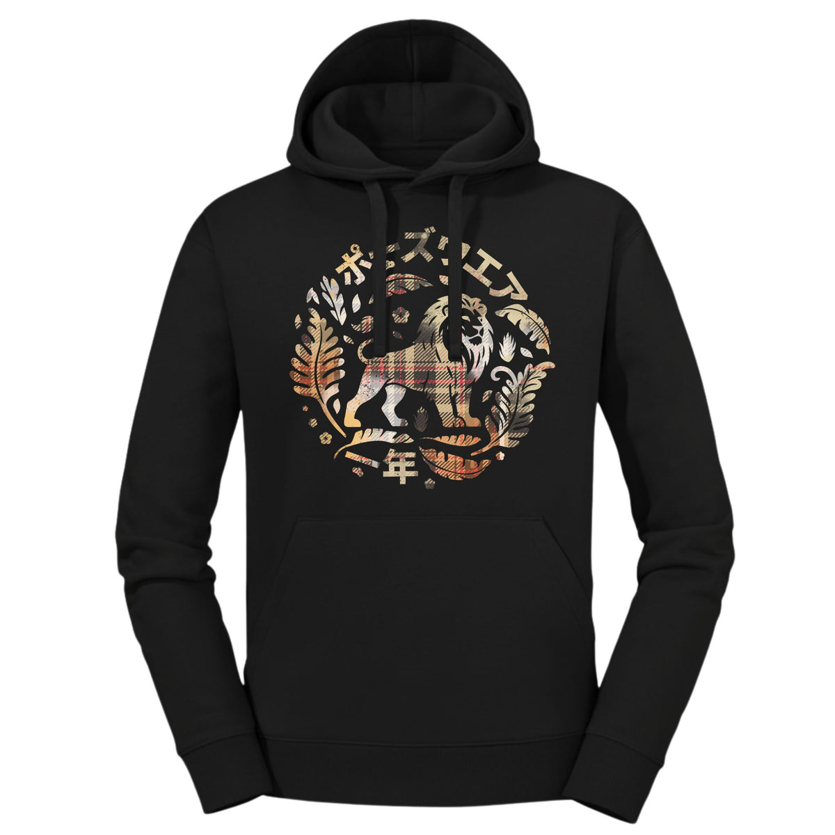 A black hoodie featuring a circular graphic on the chest with a plaid lion, decorative elements, and Chinese characters, shown against a plain white background.