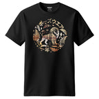 A black short-sleeve crewneck t-shirt featuring a circular graphic on the chest with a lion, Japanese text, and autumn leaves in a plaid pattern, set against a plain white background.