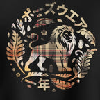 A circular graphic print on a black background featuring a stylised lion in a beige, white, and red plaid pattern, surrounded by decorative leaves and Japanese text.