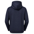 A navy blue hoodie back on a white background