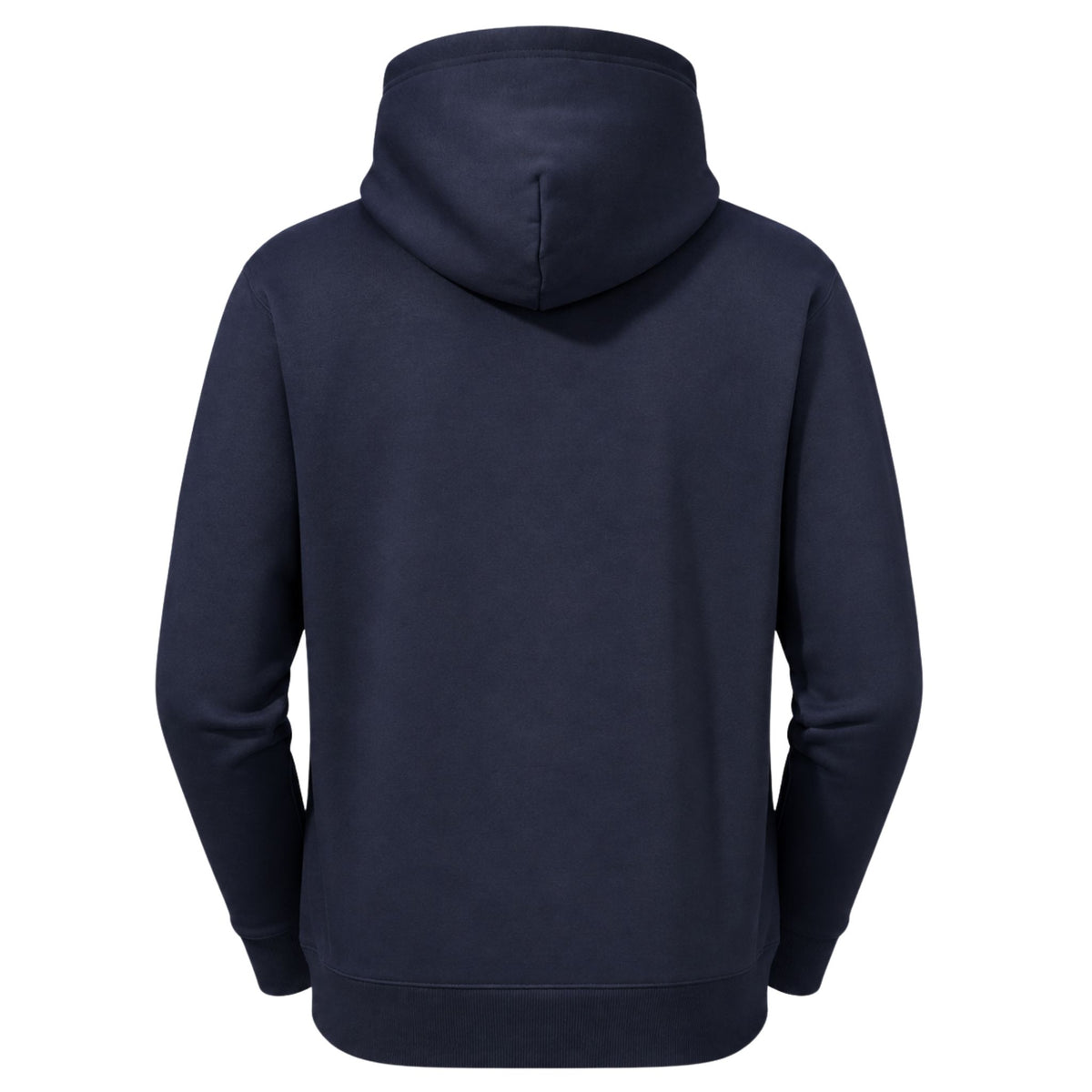 A navy blue hoodie back on a white background