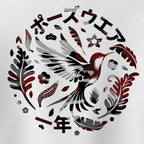 A circular graphic print featuring a stylised bird in black, white, and red, surrounded by leaves and Japanese characters on a light gray background.