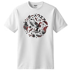 A white short-sleeve crewneck t-shirt featuring a circular graphic print on the chest. The graphic depicts a stylized bird in white, black, and red, surrounded by Japanese text and decorative leaves.