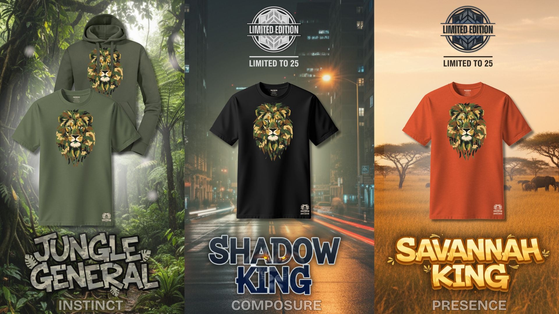 A hoodie and three t-shirts with lion designs labeled 'Jungle General', 'Shadow King', and 'Savannah King' in various settings.