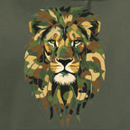 Camouflage lion design on a green background