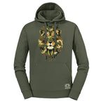 Green hoodie with a lion graphic on a white background