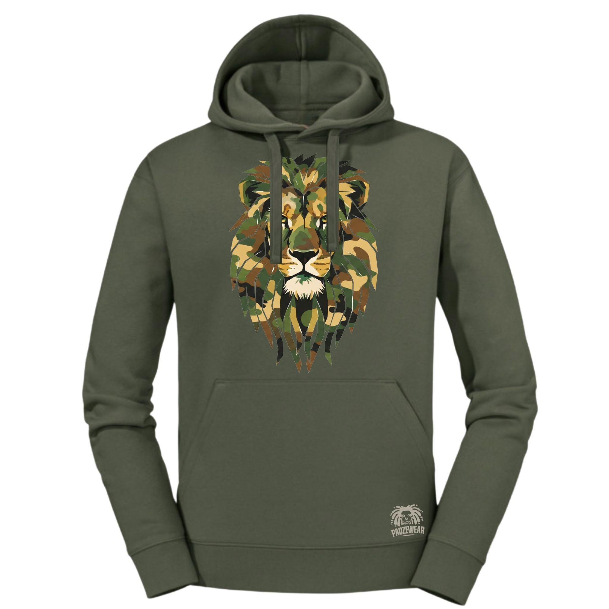 Green hoodie with a lion graphic on a white background