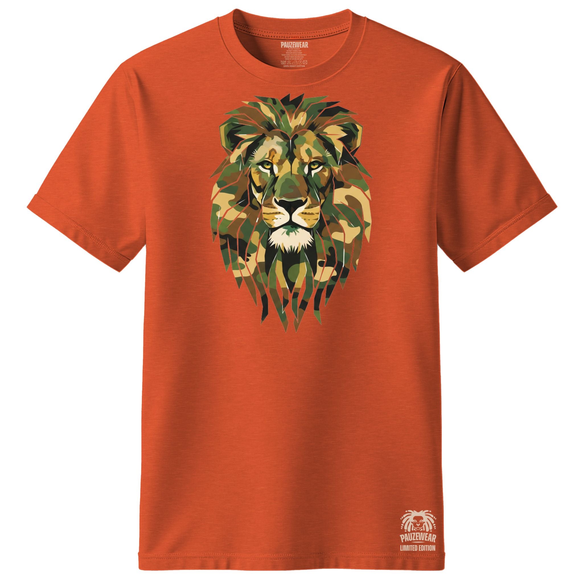 Orange t-shirt with a lion graphic on a white background