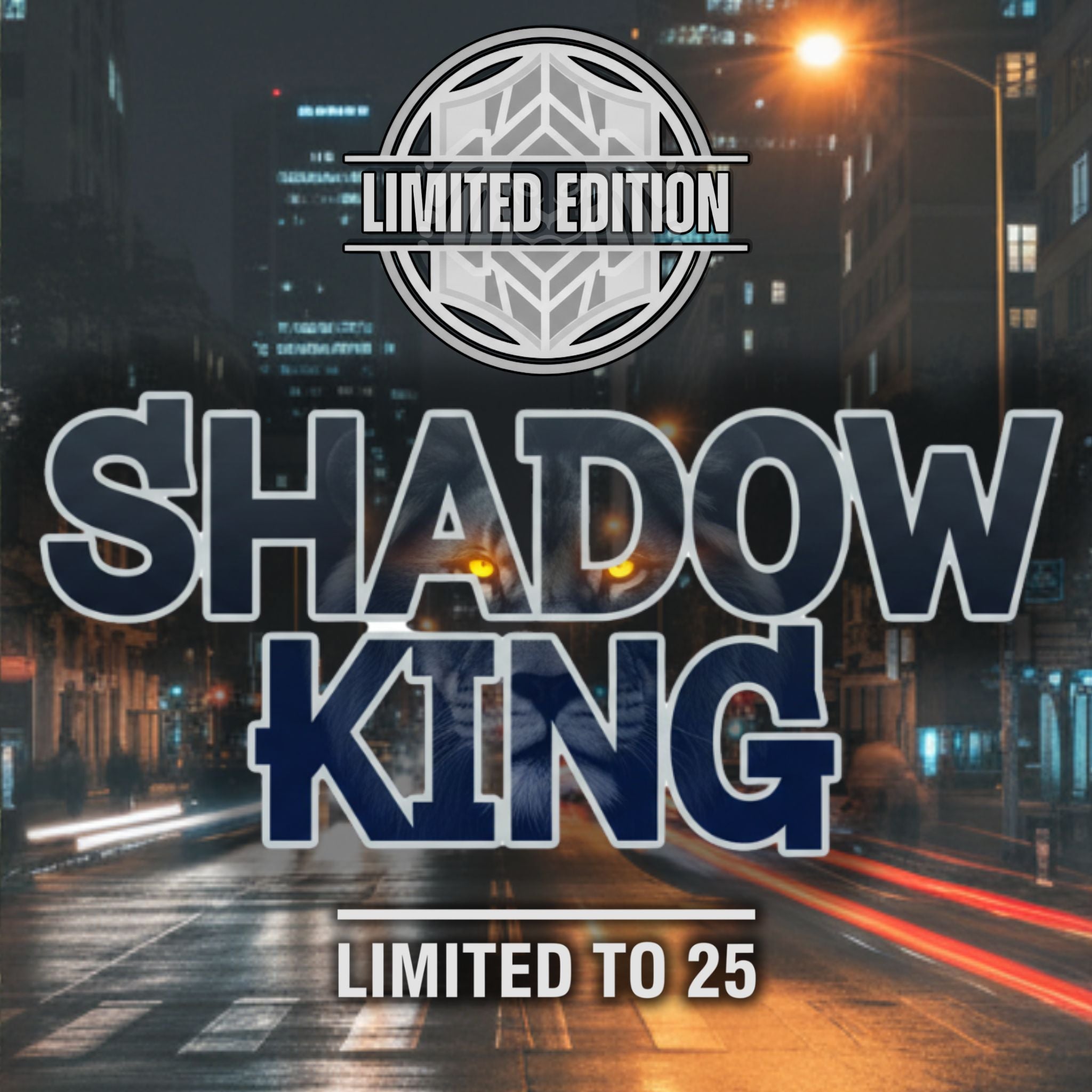 Promotional graphic for 'Shadow King' with a dark city street background