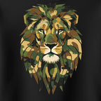 Camouflage lion design on a black background