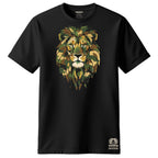 Black t-shirt with a colorful lion graphic on a white background