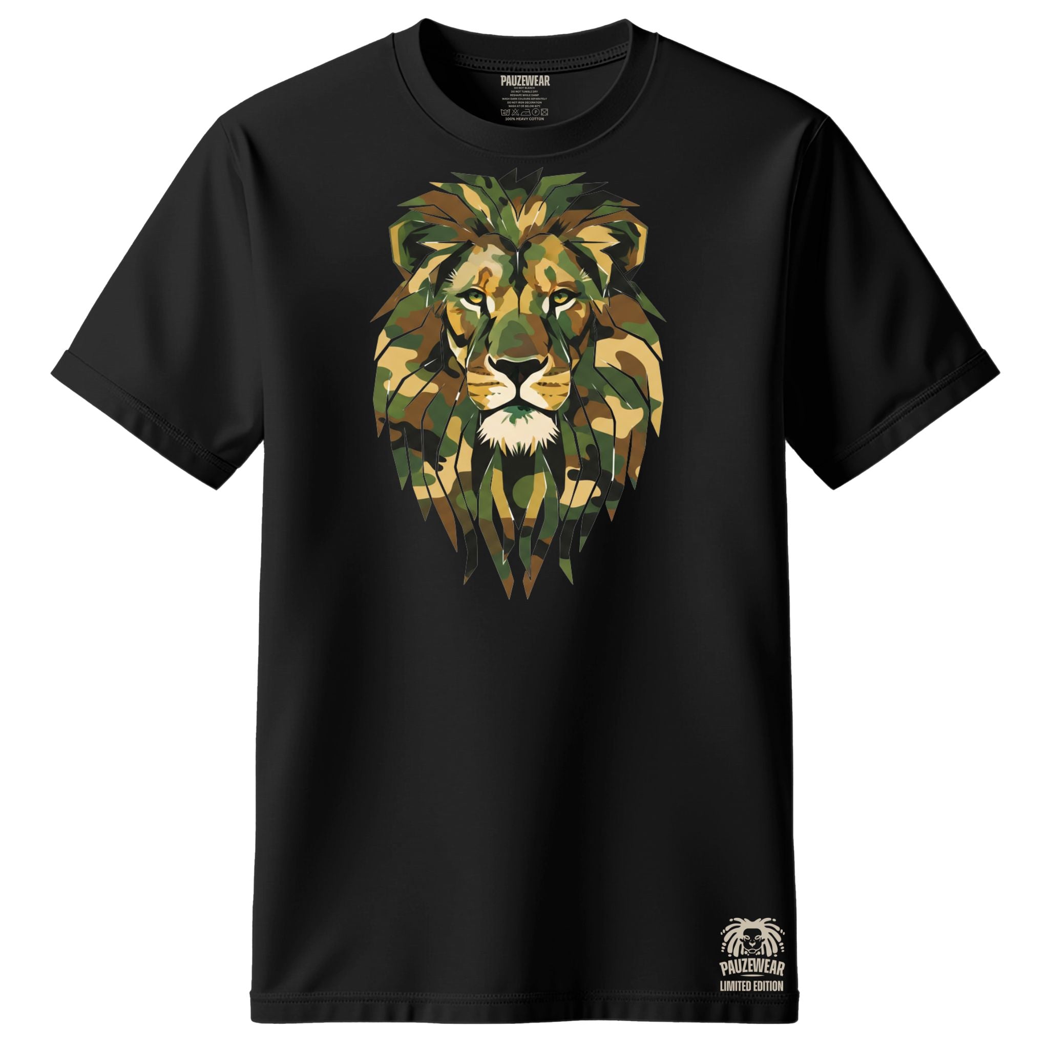 Black t-shirt with a colorful lion graphic on a white background