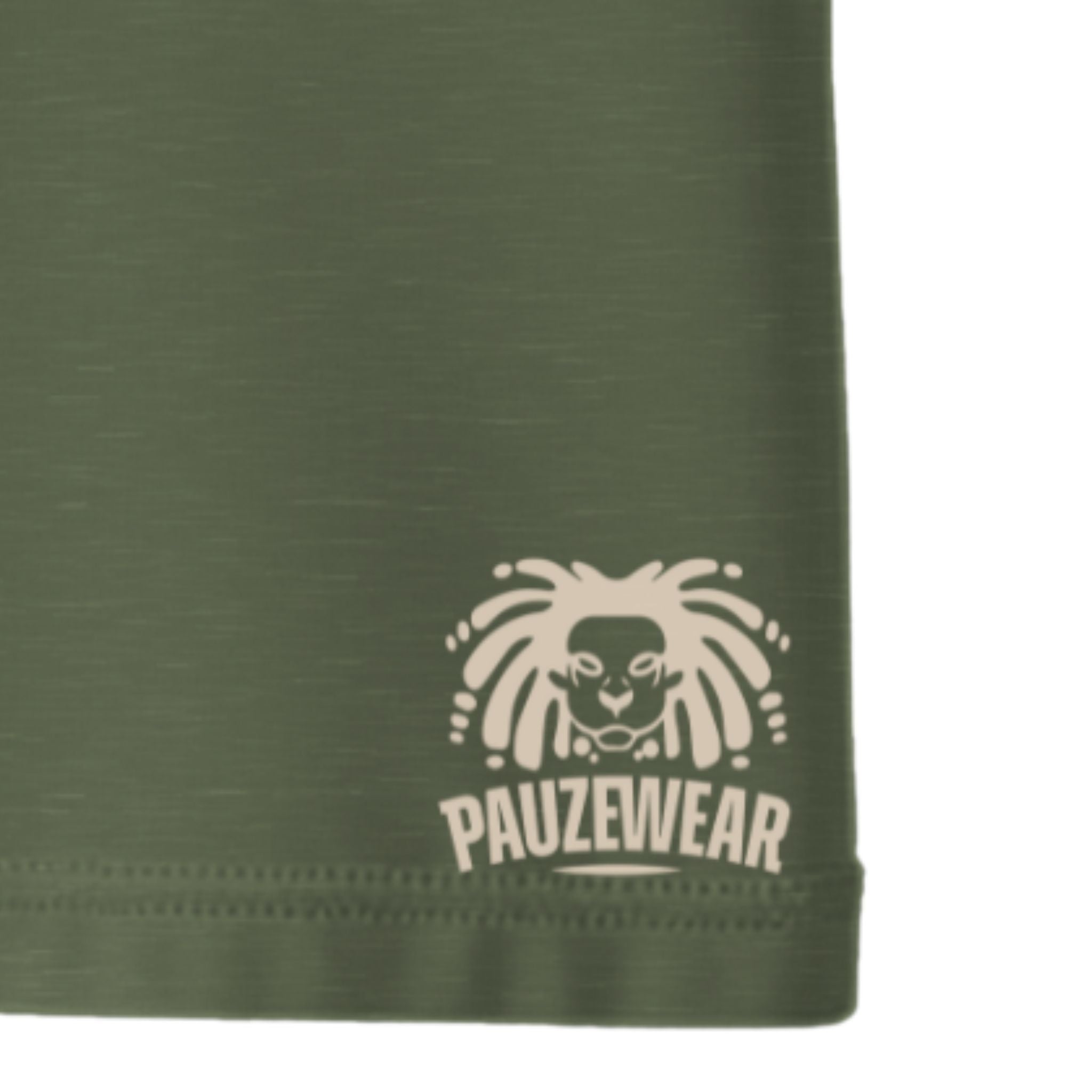 Green fabric with a white logo and text 'PAUZEWEAR' on a white background