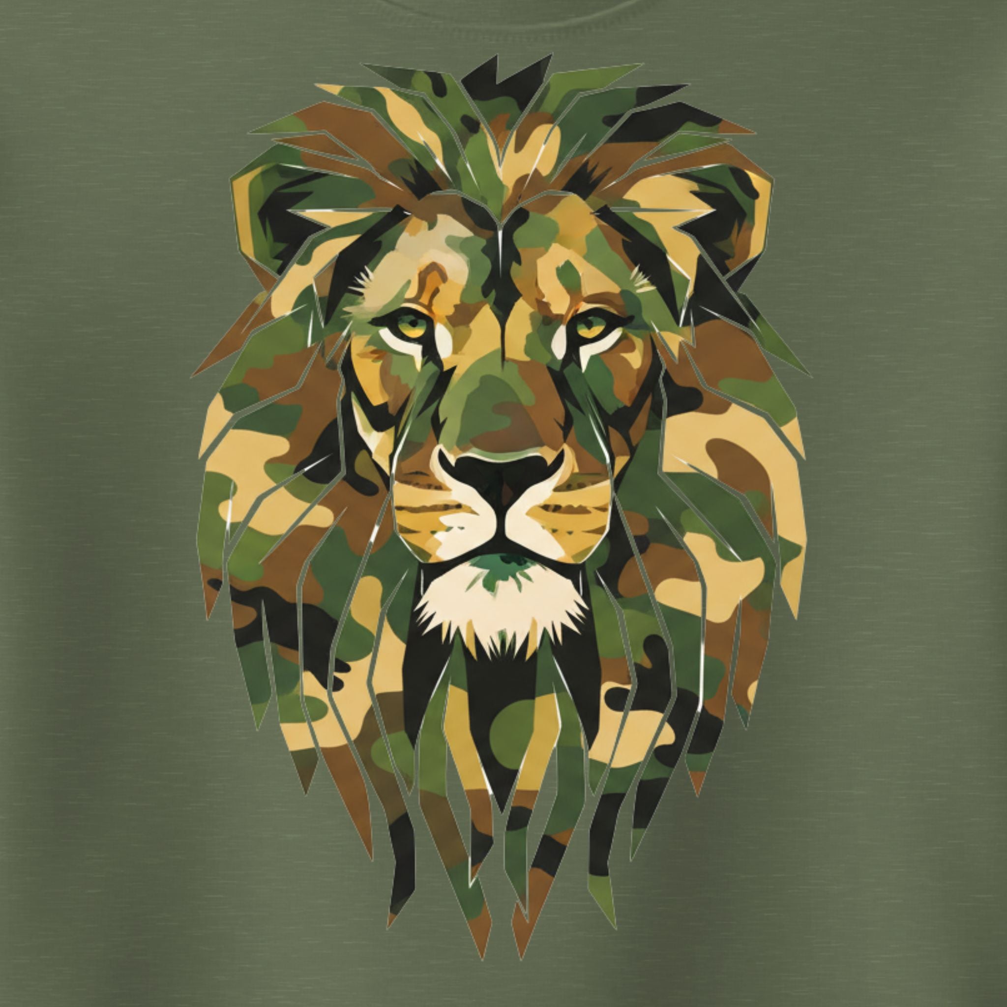 T-shirt with a lion head design in camouflage pattern on a green background