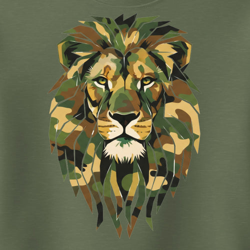 T-shirt with a lion head design in camouflage pattern on a green background