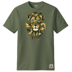 Green t-shirt with a lion graphic on a white background