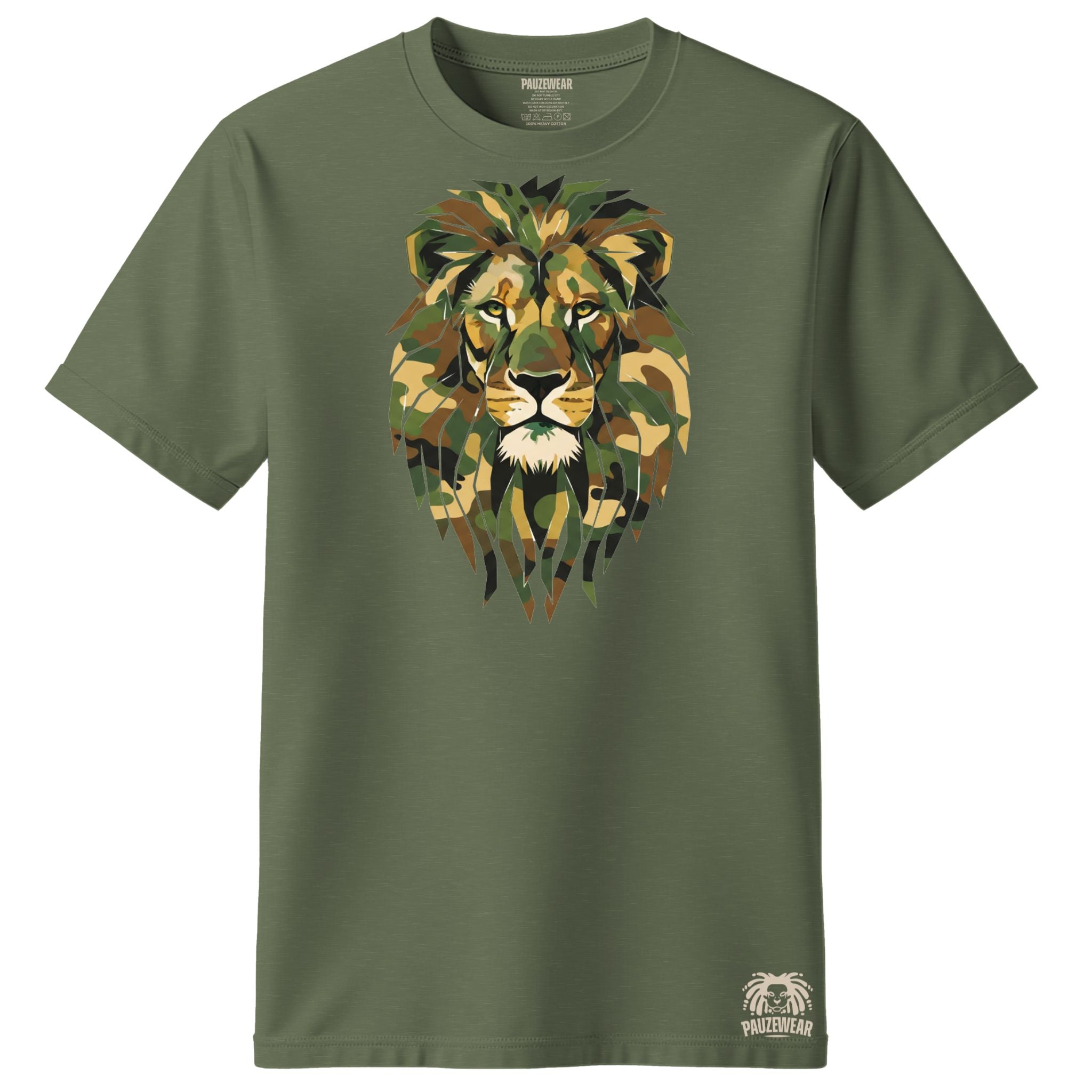 Green t-shirt with a lion graphic on a white background