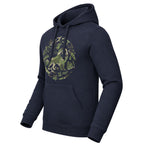 A navy blue hoodie with a green camouflage graphic of a lion on the chest, displayed on a clean white background.