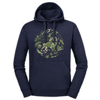 A navy blue hoodie with a circular graphic on the chest featuring a green lion surrounded by tropical leaves, shown against a plain white background.