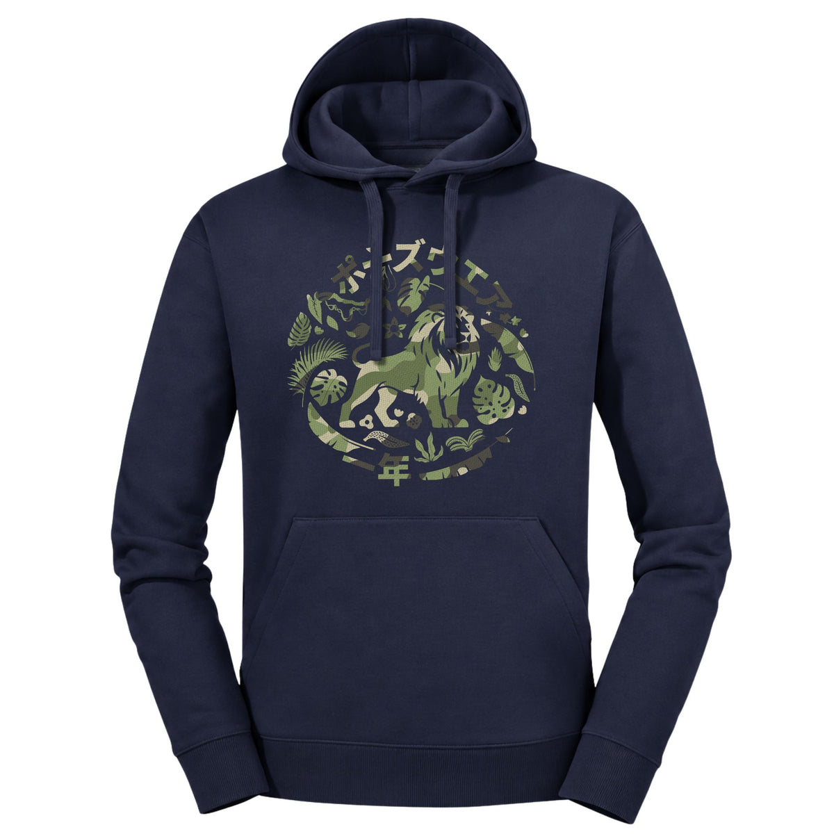 A navy blue hoodie with a circular graphic on the chest featuring a green lion surrounded by tropical leaves, shown against a plain white background.