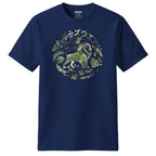 A navy blue short-sleeve crewneck t-shirt, featuring a circular graphic on the chest with a green and olive lion surrounded by jungle foliage and Japanese text.