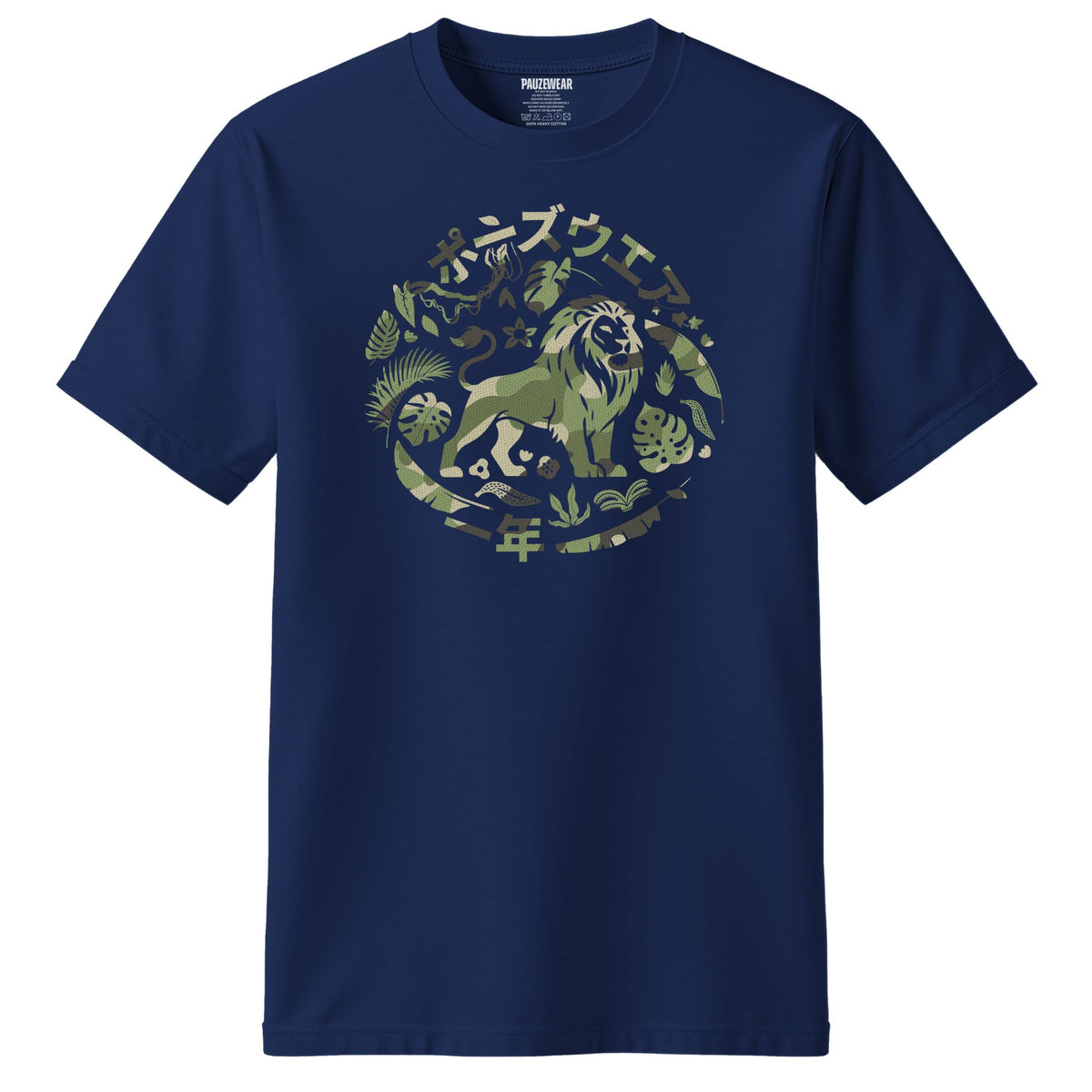 A navy blue short-sleeve crewneck t-shirt, featuring a circular graphic on the chest with a green and olive lion surrounded by jungle foliage and Japanese text.