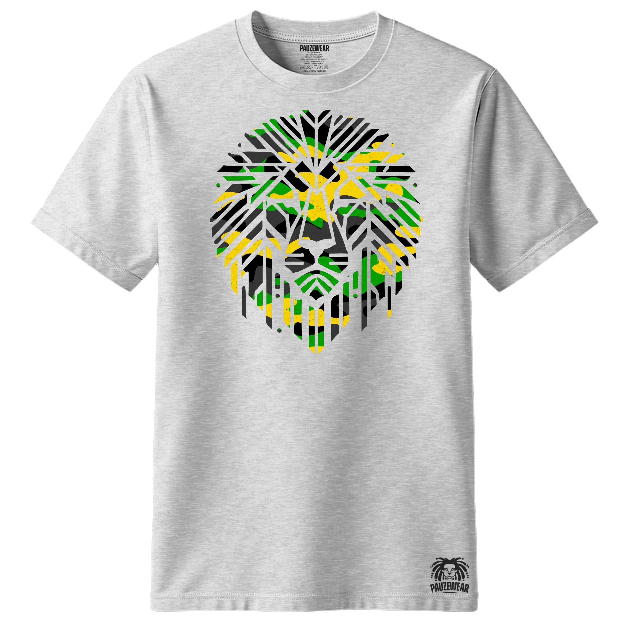 Grey t-shirt with a geometric lion design in green, yellow, and black on a white background.