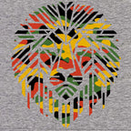 A colorful lion ghillie design in red, yellow, green, and black on a gray background.
