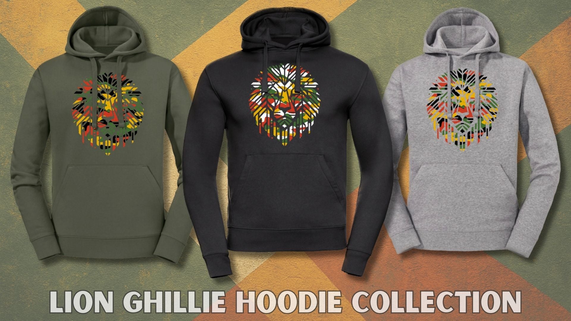 Three hoodies with lion design on a patterned background, labeled 'Lion Ghillie Hoodie Collection'.