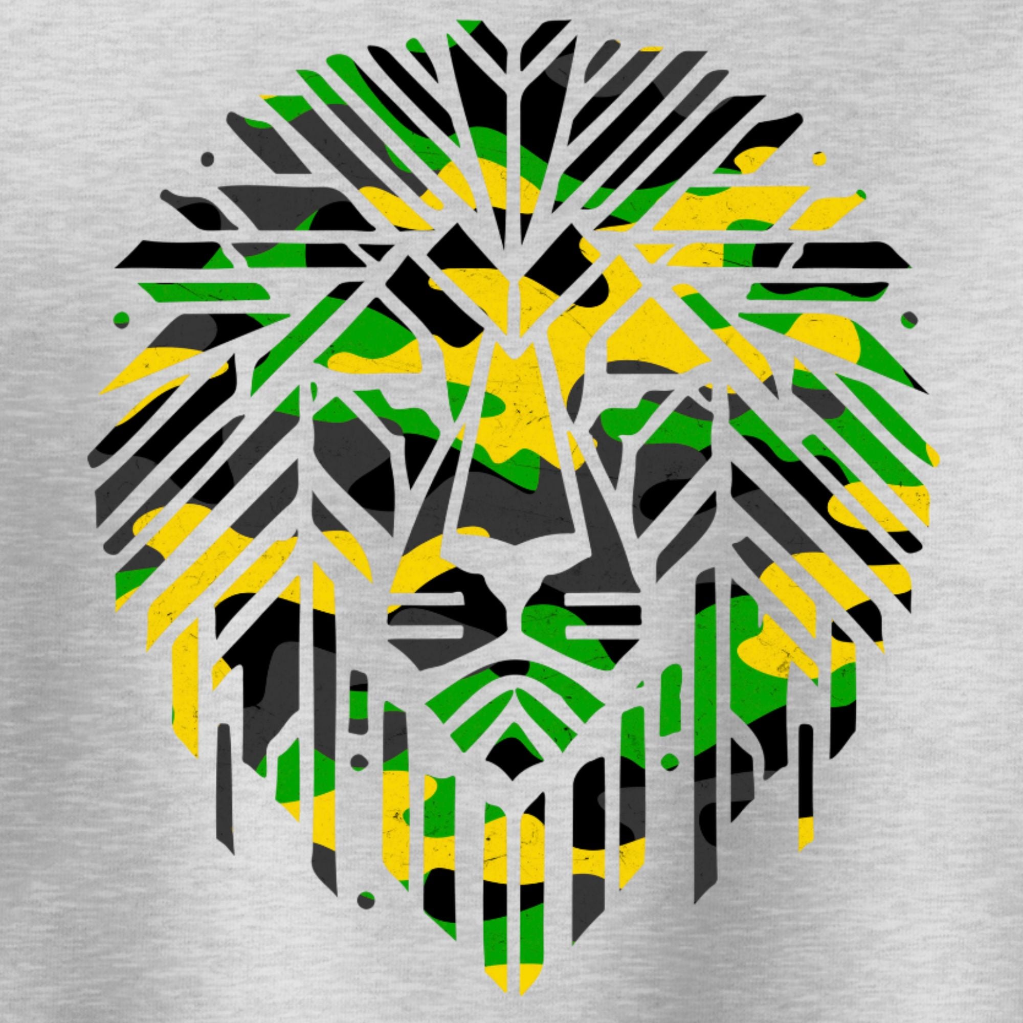 Lion head design with Jamaican flag colors on a metallic background