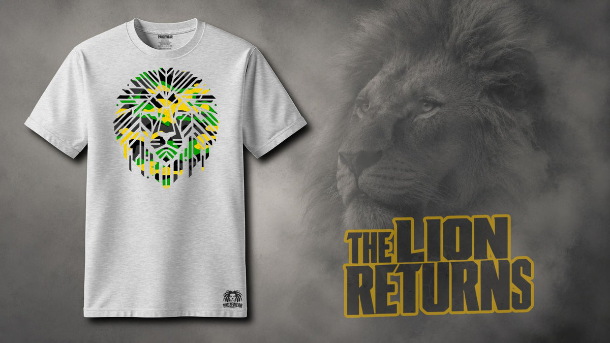 White t-shirt with lion graphic and 'The Lion Returns' text on a gray background