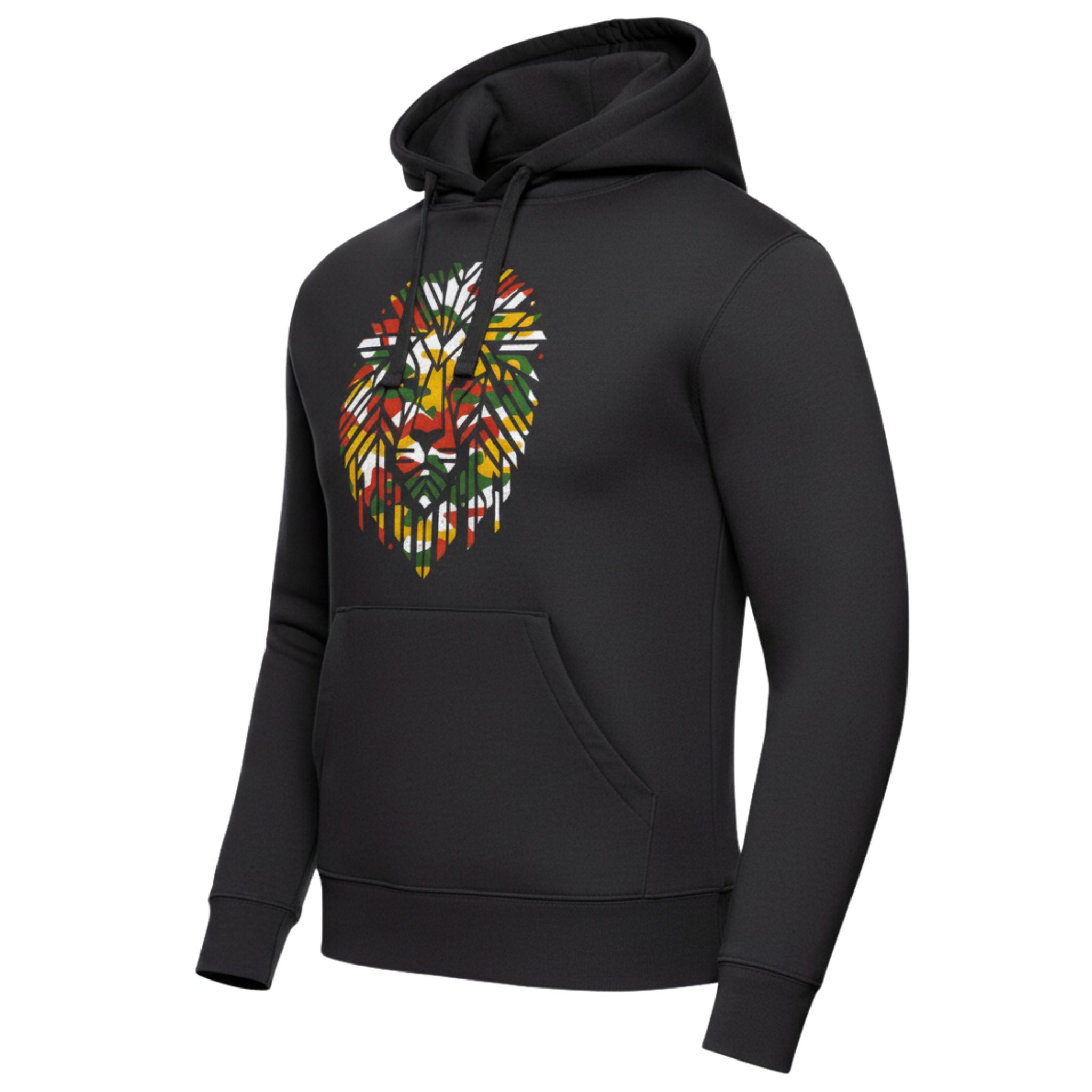 Black hoodie with rasta colour lion design on the chest against a white background