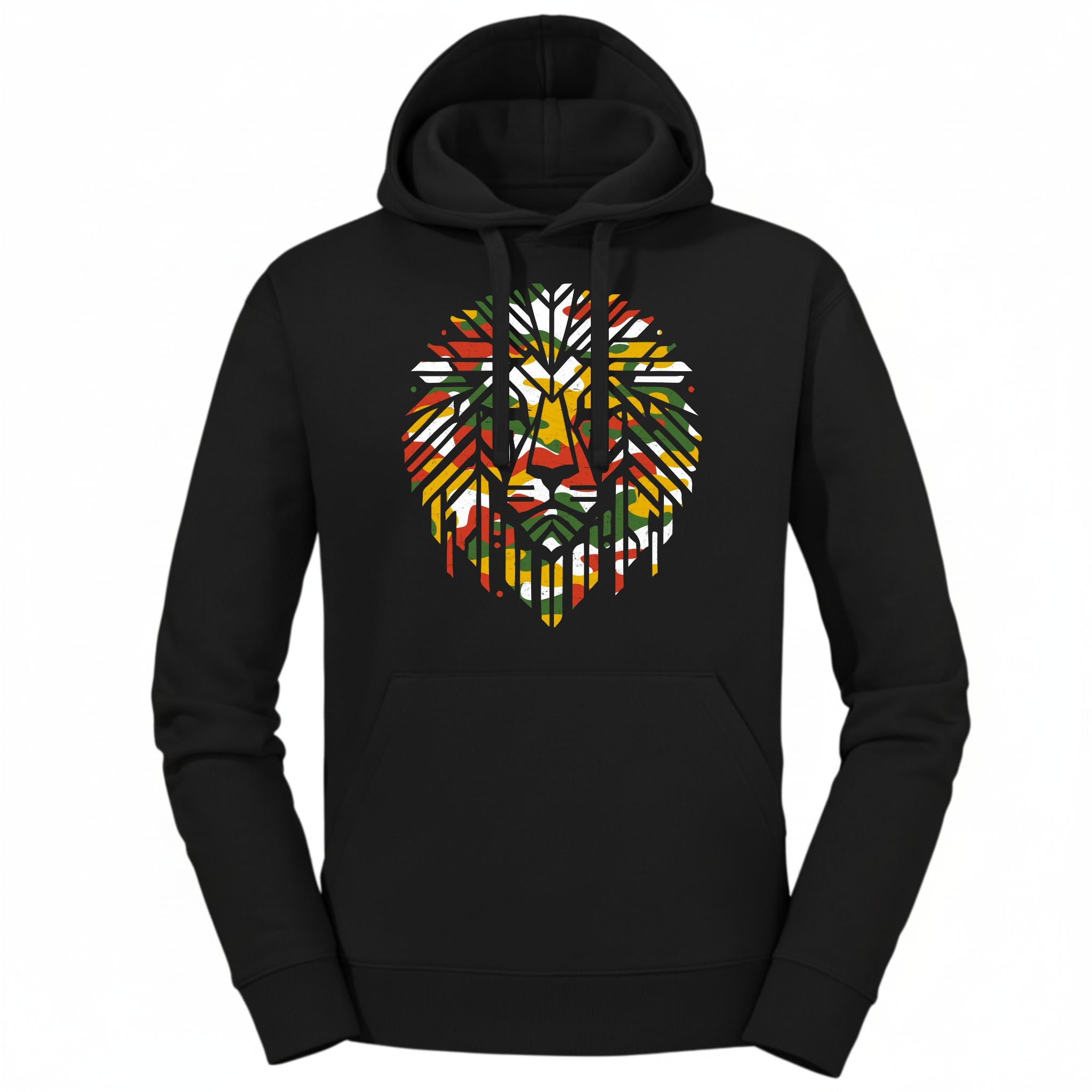 Black hoodie with a rasta colour lion graphic on a white background