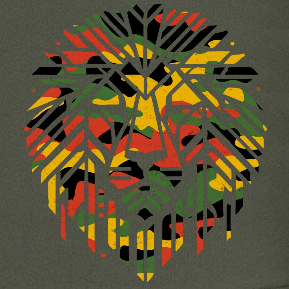 Colorful lion ghillie design with Rastafarian colors on a dark background