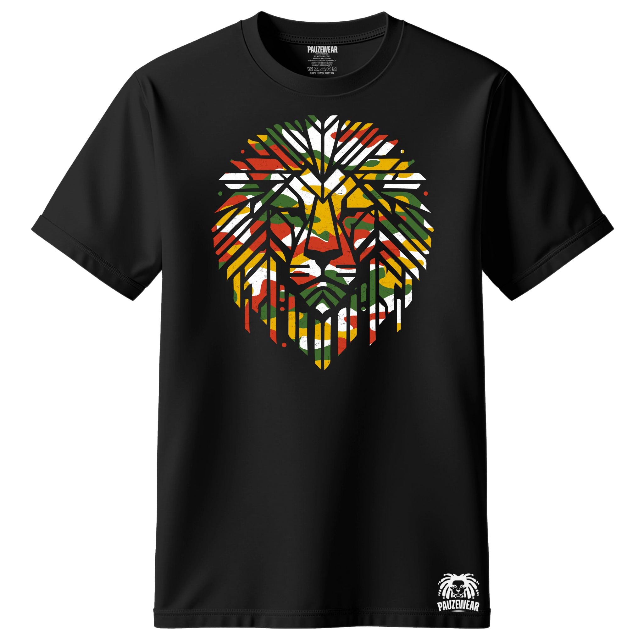 Black Lion Ghillie t-shirt with a rasta coloured lion graphic on a white background
