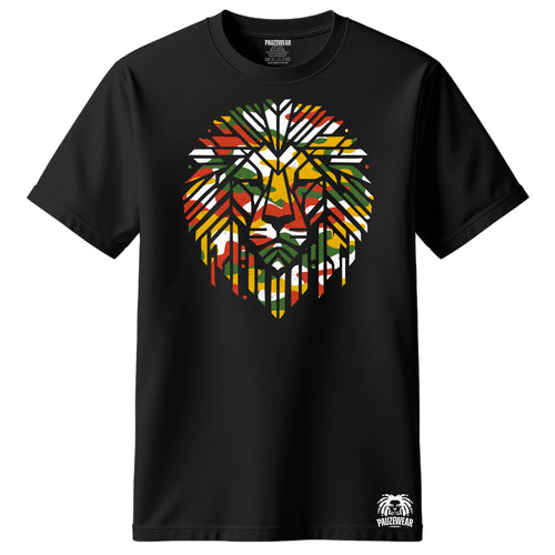 Black Lion Ghillie t-shirt with a rasta coloured lion graphic on a white background