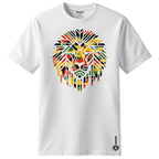 White t-shirt with a rasta colour lion graphic design on a white background