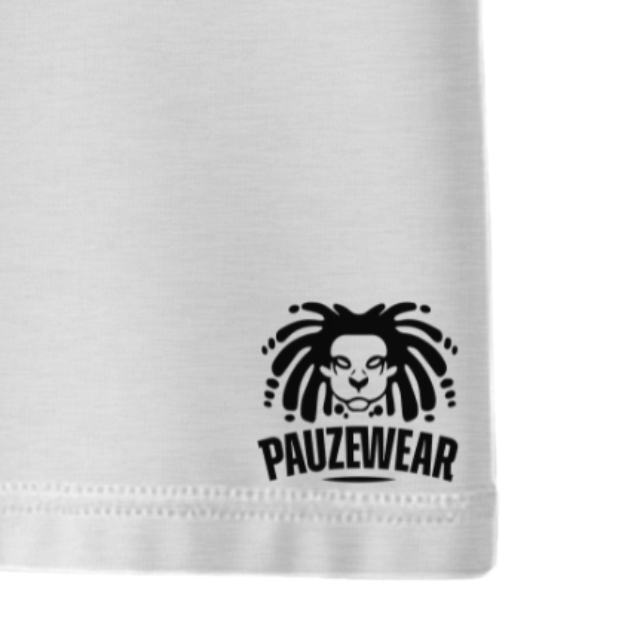 White seam with black 'PAUZEWEAR' logo featuring a stylized face with dreadlocks on a white background.