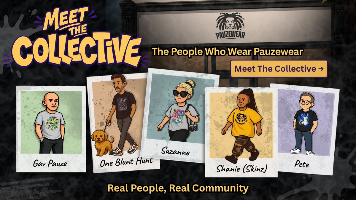 Promotional graphic for Meet The Collective featuring five illustrated portraits of people wearing Pauzewear, with the text 'The People Who Wear Pauzewear' and 'Real People, Real Community' on a dark graphic background.
