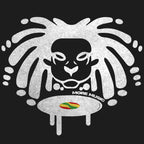 Black and white graphic of a lion with dreadlocks and a vinyl record with 'More Music' text, on a black background.