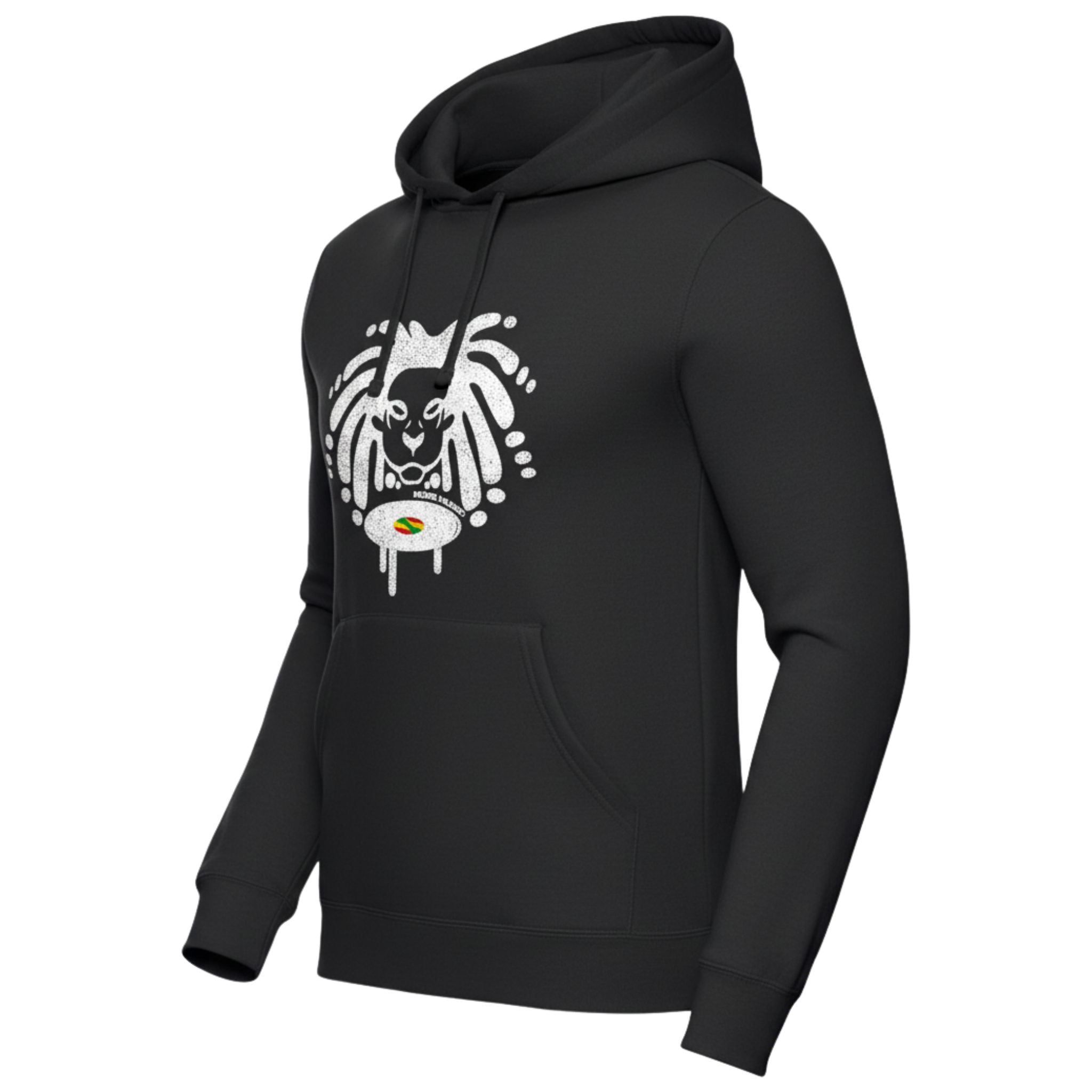 Black hoodie with a white lion graphic design on a white background