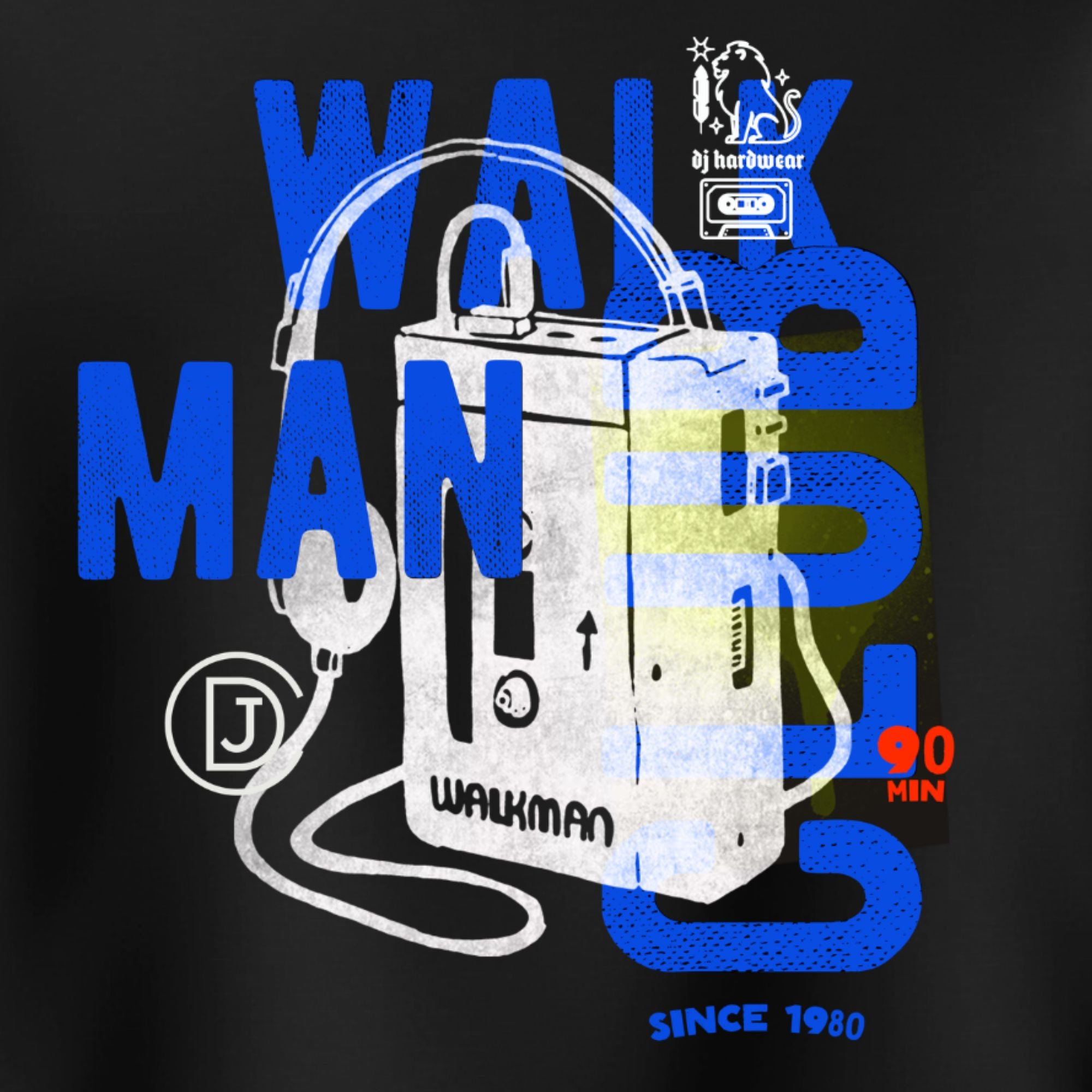 Illustration of a walkman with text and graphics on a black background